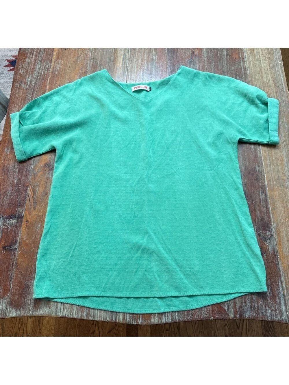 Persun Kelly Green Slub Knit V Neck Top XL